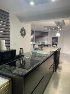 a kitchen with a large island with black counter tops at Villa Goldlux in Bihać