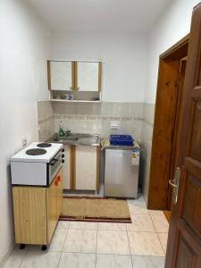 a small kitchen with a stove and a sink at Apartments Nera in Utjeha
