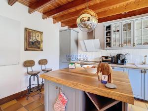a kitchen with a dog standing on a wooden counter at Ty Lora - Isolée en bord de mer in Telgruc-sur-Mer