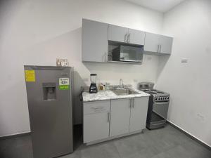 a small kitchen with a refrigerator and a sink at Anturios House Apartamento 2 in San Marcos