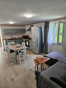a kitchen and living room with a table and a refrigerator at Apartment JB2 Grmovine in Risika