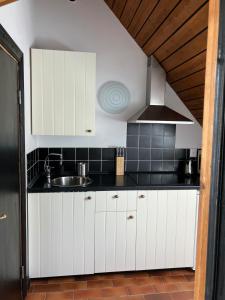 a kitchen with white cabinets and a sink at Frejagården Ängelholm in Ängelholm +7 photos