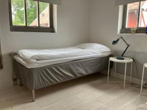 a bed in a room with a lamp on a table at Frejagården Ängelholm in Ängelholm