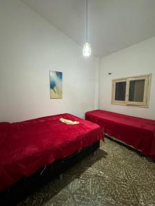 two beds in a room with red sheets at Casa BUENOS AIRES in Villa María