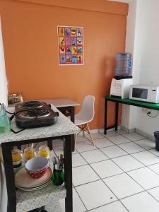 a kitchen with a counter top with a stove top oven at Departamento Lotería in Morelia