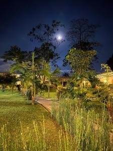 a walkway in a park at night with a moon at Baum Hotel in Armenia