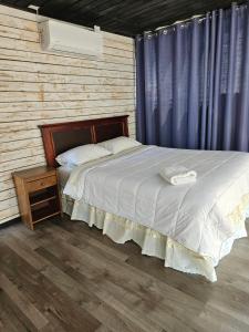 a bedroom with a bed and a blue curtain at Cabañas Litueche 2 in El Rosario