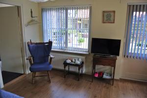 a living room with a blue chair and a television at B&B de Noordenberg in Holten