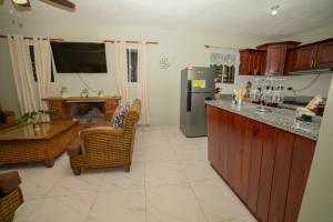 a kitchen with a refrigerator and a table and chairs at JARABACOA villa Almonte in Jarabacoa