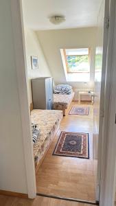 a small room with two beds and a window at Apartamentai Taikos 24 in Nida