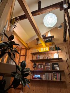 een kamer met boekenplanken en een potplant bij Batonship Inn Osaka 005 in Osaka
