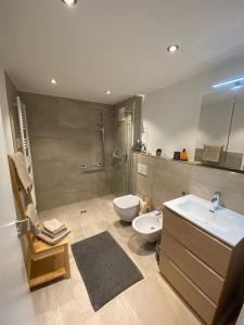 a bathroom with a sink and a toilet and a shower at Ferienwohnung Witt in Prien am Chiemsee