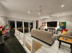a living room with a couch and a tv at Luxury Beachside Home in Maninoa