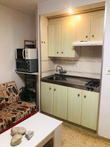 a small kitchen with a sink and a microwave at Apartamentos Las Palmeras, Benicàssim in Madrid