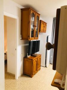 a living room with a television and a refrigerator at Apartamentos Las Palmeras, Benicàssim in Madrid +26 photos
