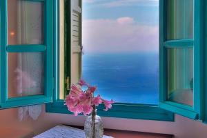 a vase with a flower in front of a window at Pano Gitonia in Aegiali