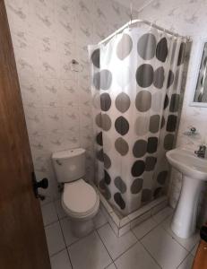 Un baño con inodoro y cortina de ducha. en Lodge Atacama Hostal, en Copiapó