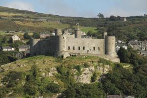 a castle on top of a hill with houses at Ystumgwern Luxury Barn Conversions in Dyffryn