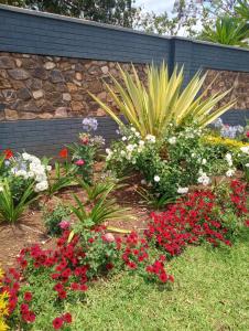 a garden with colorful flowers and a stone wall at The47 Cozy Cottage in Lilongwe