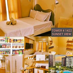 イロイロにある1422 Tower 4 Atria Iloilo Comfy, Central, Cozyのベッドのある部屋と小さな部屋のコラージュ