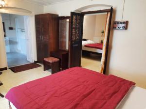 um quarto com uma cama vermelha e um espelho em Spring Haven Yercaud em Salem