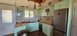 a kitchen with green cabinets and a refrigerator at Villa Elsa in Petra