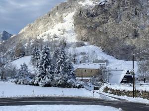 een met sneeuw bedekte berg met een huis en bomen bij Au cabanous in Boutx
