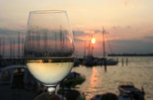 a glass of wine with the sunset in the background at Ferienhof Schöngarten in Lindau