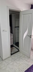 Un baño con puerta de cristal con ducha. en Casa Dorului, en Mangalia 2 fotos más