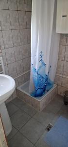Un baño con cortina de ducha y lavabo. en Casa Dorului, en Mangalia