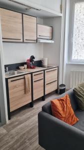 a living room with a couch and a kitchen at Escapade cœur de ville Narbonne in Narbonne