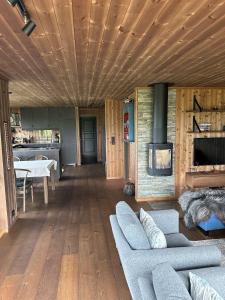 Una sala de estar con un sofá y una chimenea. en High standard Cabin close to Norefjell, 