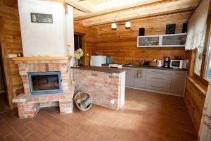 a living room with a brick fireplace in a cabin at Litewska Chata in Poćkuny