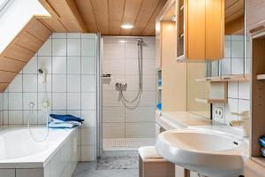 a bathroom with a sink and a shower at Ferienwohnung Landlust in Neudrossenfeld +28 photos