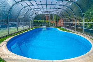 an indoor pool in a greenhouse with blue water at Villa My Lake in Zamárdi