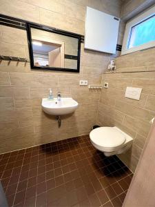 a bathroom with a sink and a toilet and a mirror at Ferienhäuser vom Freizeitpark Possen in Sondershausen