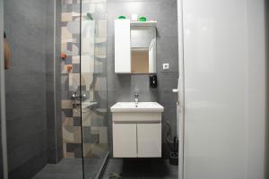 a bathroom with a white sink and a shower at Lumi Apartments in Gevgelija +40 photos