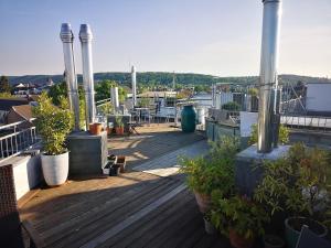a deck with potted plants on a roof at Centrally located spacious flat close to Rhine in Bonn