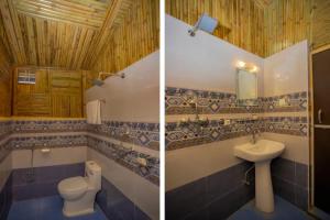 two pictures of a bathroom with a toilet and a sink at Babylon Bamboo Cottage in Pokhara
