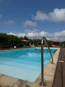 a blue swimming pool with a metal rail next to it at Gestüt Kaiserhof in Legelshurst