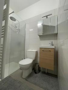 a white bathroom with a toilet and a shower at Charming country house  +36 photos