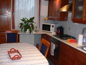 een keuken met een tafel, een fornuis en een magnetron bij St. Michael Apartman in Boedapest