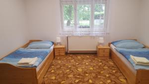 two beds in a room with two windows at Penzion Mika in Jindřichŭv Hradec