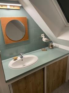 a bathroom counter with a sink and a mirror at Grande maison bretonne entre campagne et mer in Saint-Pol-de-Léon