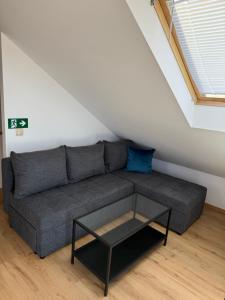 a living room with a gray couch and a glass table at Villa Oliva Korcula in Korčula +33 photos