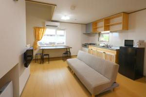 un salon avec un canapé et une cuisine dans l'établissement Hill House B NakaFurano Hokkaido JAPAN, à Nakafurano