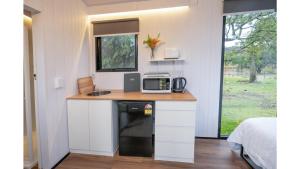 a kitchen with a counter with a microwave on it at Sparkling Tiny House by Tiny Away in Windeyer