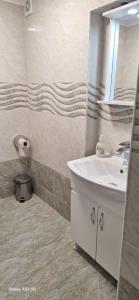 a bathroom with a sink and a mirror at Къща за гости ЕДЕЛВАЙС in Chernomorets