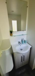 a bathroom with a sink and a mirror at Mobil Home 4 6 pers climatisé Camping Eurolac in Aureilhan +18 photos
