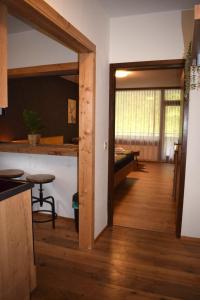 Gemütliches Apartment mit Balkon nähe Hallstatt في Steinach: غرفة مع مطبخ وغرفة معيشة